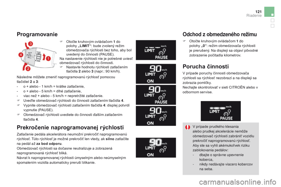 CITROEN DS3 2016 Návod na použitie (in Slovak) 121
DS3_sk_Chap04_conduite_ed01-2015
F Otočte kruhovým ovládačom 1 do polohy „LIMIT “: bude zvolený režim
obmedzovača rýchlosti bez toho, aby bol
uvedený do činnosti (PAUSE).
Na nasta CITROEN DS3 2016 Návod na použitie (in Slovak) 121
DS3_sk_Chap04_conduite_ed01-2015
F Otočte kruhovým ovládačom 1 do polohy „LIMIT “: bude zvolený režim
obmedzovača rýchlosti bez toho, aby bol
uvedený do činnosti (PAUSE).
Na nasta
