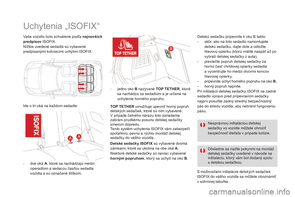 CITROEN DS3 2016  Návod na použitie (in Slovak) DS3_sk_Chap07_securite-enfants_ed01-2015
Vaše vozidlo bolo schválené podľa najnovších 
predpisov ISOFIX.
Nižšie uvedené sedadlá sú vybavené 
predpísanými kotviacimi uchýtmi ISOFIX:
Uchy