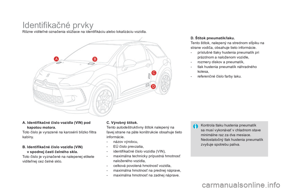 CITROEN DS3 2016 Návod na použitie (in Slovak) DS3_sk_Chap10_caracteristiques_ed01-2015
Identifikačné prvkyRôzne viditeľné označenia slúžiace na identifikáciu alebo lokalizáciu vozidla.
A.
I
dentifikačné číslo vozidla (VIN) pod
k CITROEN DS3 2016 Návod na použitie (in Slovak) DS3_sk_Chap10_caracteristiques_ed01-2015
Identifikačné prvkyRôzne viditeľné označenia slúžiace na identifikáciu alebo lokalizáciu vozidla.
A.
I
dentifikačné číslo vozidla (VIN) pod
k