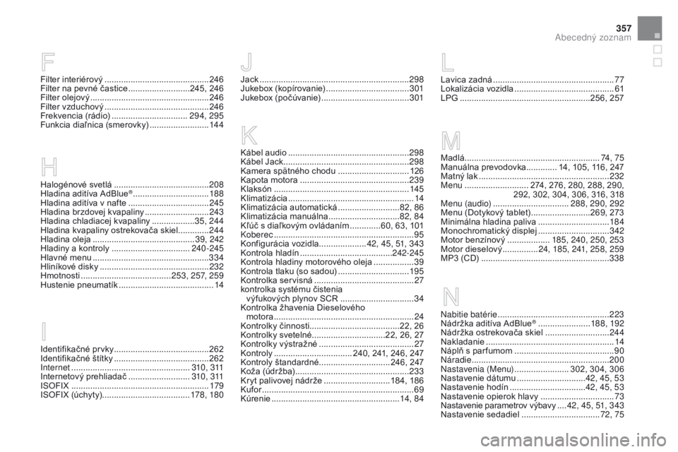 CITROEN DS3 2016  Návod na použitie (in Slovak) 357
DS3_sk_Chap12_index-recherche_ed01-2015
Halogénové svetlá ........................................20 8
Hladina aditíva AdBlue® ................................ 18 8
Hladina aditíva v nafte
 