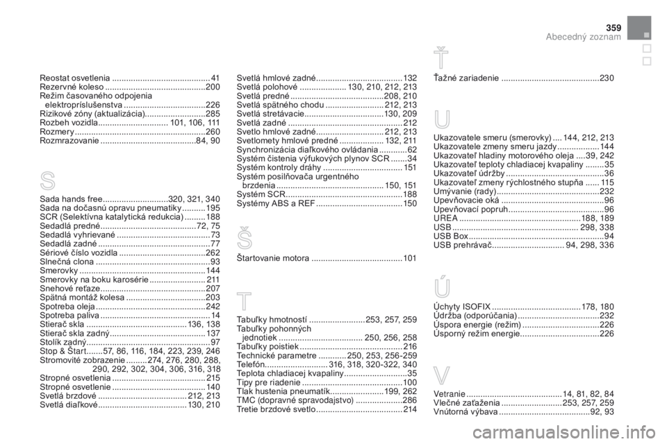 CITROEN DS3 2016  Návod na použitie (in Slovak) 359
DS3_sk_Chap12_index-recherche_ed01-2015
Reostat osvetlenia ..........................................41
Rezervné koleso  ............................... ............200
Režim časovaného odpoje