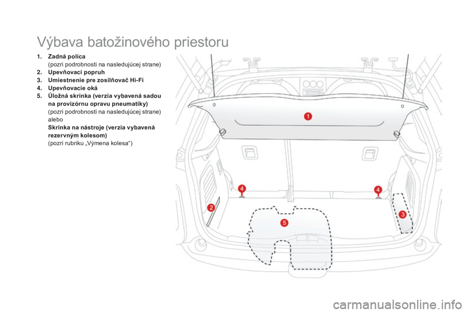 CITROEN DS3 2016 Návod na použitie (in Slovak) DS3_sk_Chap03_confort_ed01-2015
1. zadná polica (
pozri podrobnosti na nasledujúcej strane)
2.
U
pevňovací popruh
3.
U
miestnenie pre zosilňovač Hi- Fi
4.
U
pevňovacie oká
5.
Ú
lož CITROEN DS3 2016 Návod na použitie (in Slovak) DS3_sk_Chap03_confort_ed01-2015
1. zadná polica (
pozri podrobnosti na nasledujúcej strane)
2.
U
pevňovací popruh
3.
U
miestnenie pre zosilňovač Hi- Fi
4.
U
pevňovacie oká
5.
Ú
lož