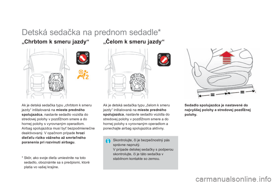 CITROEN DS3 2015  Návod na použitie (in Slovak) DS3_sk_Chap09_securite-enfants_ed01-2014
Detská sedačka na prednom sedadle*
„Chrbtom k smeru jazdy“ „Čelom k smeru jazdy“
Sedadlo spolujazdca je nastavené do 
najvyššej polohy a stredove