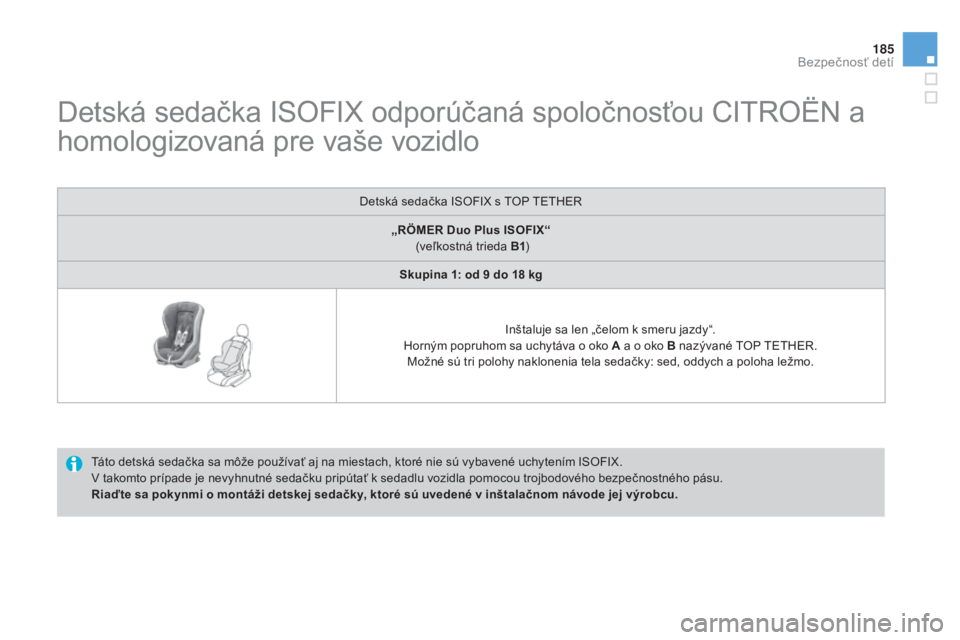 CITROEN DS3 2015  Návod na použitie (in Slovak) 185
DS3_sk_Chap09_securite-enfants_ed01-2014
Detská sedačka ISOFIX odporúčaná spoločnosťou CItrO ËN a 
homologizovaná pre vaše vozidlo
táto detská sedačka sa môže používať aj na mies