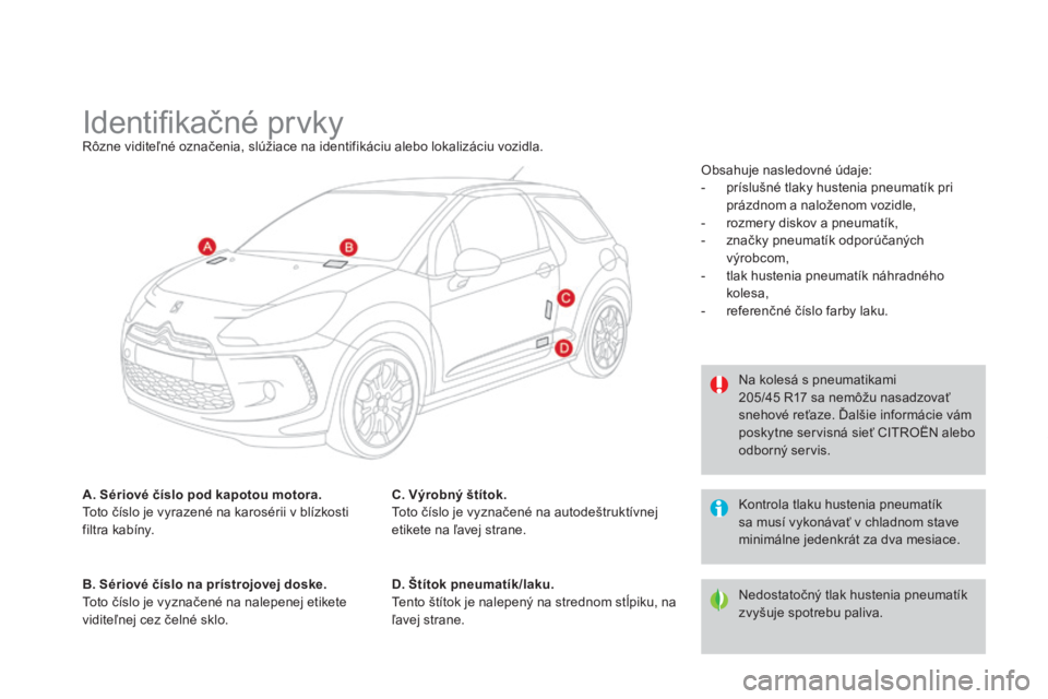 CITROEN DS3 2015 Návod na použitie (in Slovak) DS3_sk_Chap12_caracteristiques_ed01-2014
Identifikačné prvkyrôzne viditeľné označenia, slúžiace na identifikáciu alebo lokalizáciu vozidla.
A. Sériové číslo pod kapotou motora.
to
to č CITROEN DS3 2015 Návod na použitie (in Slovak) DS3_sk_Chap12_caracteristiques_ed01-2014
Identifikačné prvkyrôzne viditeľné označenia, slúžiace na identifikáciu alebo lokalizáciu vozidla.
A. Sériové číslo pod kapotou motora.
to
to č