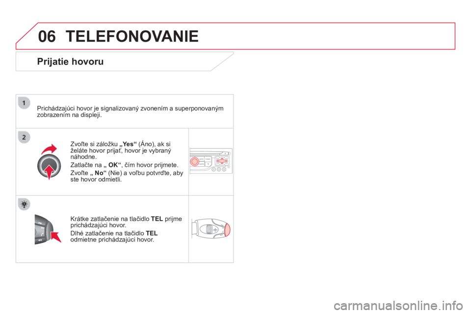 CITROEN DS3 2015  Návod na použitie (in Slovak) 06
DS3_sk_Chap13b_rt6-2-8_ed01-2014
TELEFONOVANIE
Prijatie hovoru
Prichádzajúci hovor je signalizovaný zvonením a superponovaným 
zobrazením na displeji.Zvoľte si záložku „Yes“ (Áno), ak