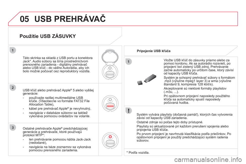 CITROEN DS3 2015  Návod na použitie (in Slovak) 05
DS3_sk_Chap13c_RD45_ed01_2014
USB PREHRÁVAČ
Systém vytvára playlisty (dočasná pamäť), ktorých čas vytvorenia 
závisí od kapacity u SB zariadenia.
Ostatné zdroje sú počas tejto doby p