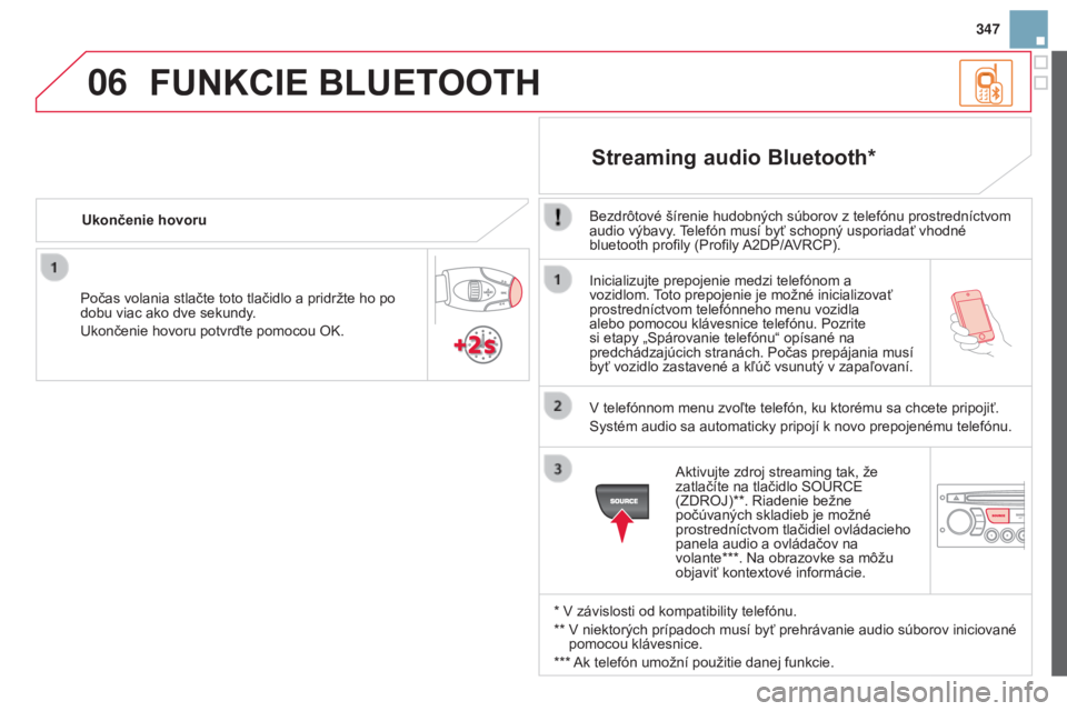 CITROEN DS3 2015  Návod na použitie (in Slovak) 06
347
DS3_sk_Chap13c_RD45_ed01_2014
Inicializujte prepojenie medzi telefónom a 
vozidlom. toto prepojenie je možné inicializovať 
prostredníctvom telefónneho menu vozidla 
alebo pomocou kláves