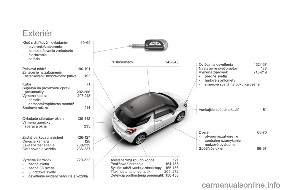 CITROEN DS3 2015 Návod na použitie (in Slovak) DS3_sk_Chap14_index-recherche_ed01-2014
exteriér
kľúč s diaľkovým ovládaním 6 0 - 65
- o tvorenie/zatvorenie
-
z
abezpečovacie zariadenie
-
š
tartovanie
-
b
atéria Ovládania osvetl CITROEN DS3 2015 Návod na použitie (in Slovak) DS3_sk_Chap14_index-recherche_ed01-2014
exteriér
kľúč s diaľkovým ovládaním 6 0 - 65
- o tvorenie/zatvorenie
-
z
abezpečovacie zariadenie
-
š
tartovanie
-
b
atéria Ovládania osvetl