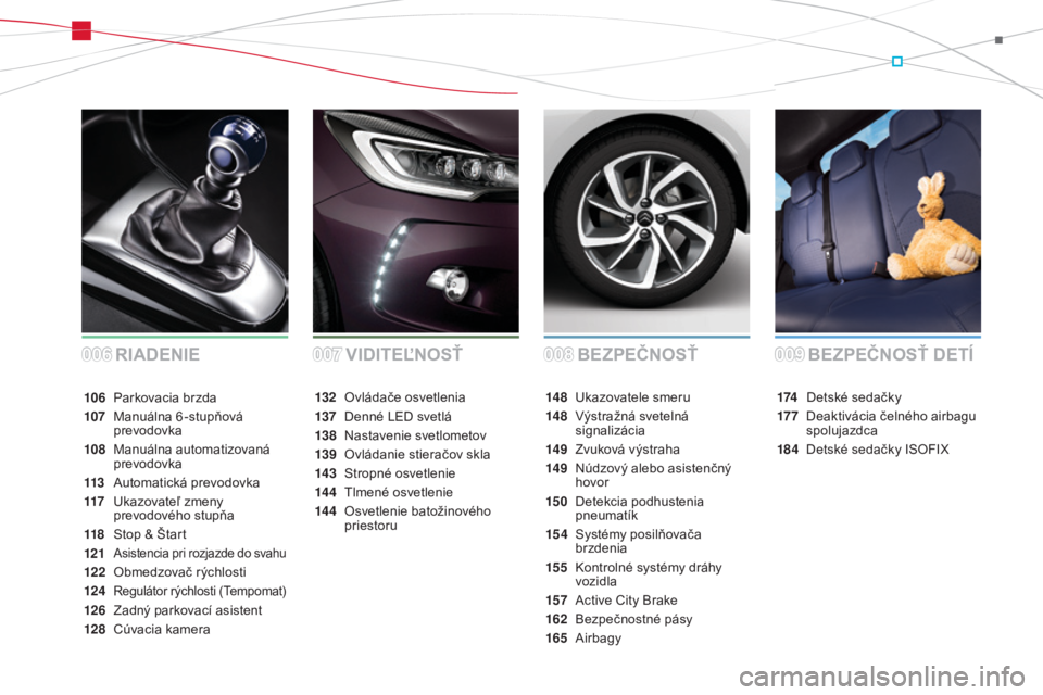 CITROEN DS3 2015 Návod na použitie (in Slovak) DS3_sk_Chap00a_sommaire_ed01-2014
BEZPEČNOSŤ
RIADENIE BEZPEČNOSŤ DETÍ
174 Detské sedačky
17 7
D
eaktivácia čelného airbagu
spolujazdca
184
D
etské sedačky ISOFIX
14 8
uk
azovatel CITROEN DS3 2015 Návod na použitie (in Slovak) DS3_sk_Chap00a_sommaire_ed01-2014
BEZPEČNOSŤ
RIADENIE BEZPEČNOSŤ DETÍ
174 Detské sedačky
17 7
D
eaktivácia čelného airbagu
spolujazdca
184
D
etské sedačky ISOFIX
14 8
uk
azovatel