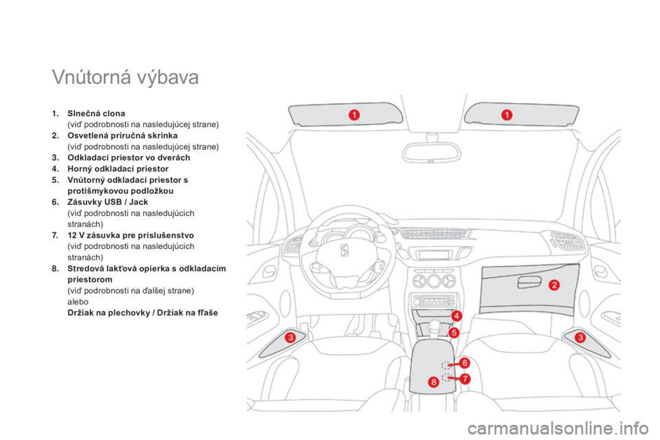 CITROEN DS3 2015 Návod na použitie (in Slovak) DS3_sk_Chap05_amenagement_ed01-2014
vnútorná výbava
1. Slnečná clona (
viď podrobnosti na nasledujúcej strane)
2.
O
svetlená príručná skrinka
(
viď podrobnosti na nasledujúcej stran CITROEN DS3 2015 Návod na použitie (in Slovak) DS3_sk_Chap05_amenagement_ed01-2014
vnútorná výbava
1. Slnečná clona (
viď podrobnosti na nasledujúcej strane)
2.
O
svetlená príručná skrinka
(
viď podrobnosti na nasledujúcej stran