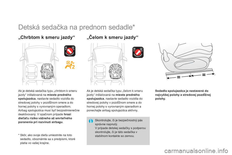 CITROEN DS3 2014  Návod na použitie (in Slovak)    
 
 
 
 
 
 
 
Detská sedačka na prednom sedadle *  
„Chrbtom k smeru jazdy“  
„Čelom k smeru jazdy“
Sedadlo spolujazdca je nastavené do
najvyššej polohy a stredovej pozdĺžnejpolohy
