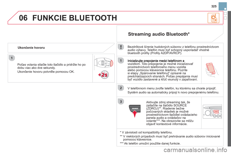 CITROEN DS3 2014  Návod na použitie (in Slovak) 325
06
vozidlom. Toto prepojenie je možné inicializovať 
prostredníctvom telefónneho menu vozidla alebo pomocou klávesnice telefónu. Pozrite si etapy „Spárovanie telefónu]“ opísané na 
