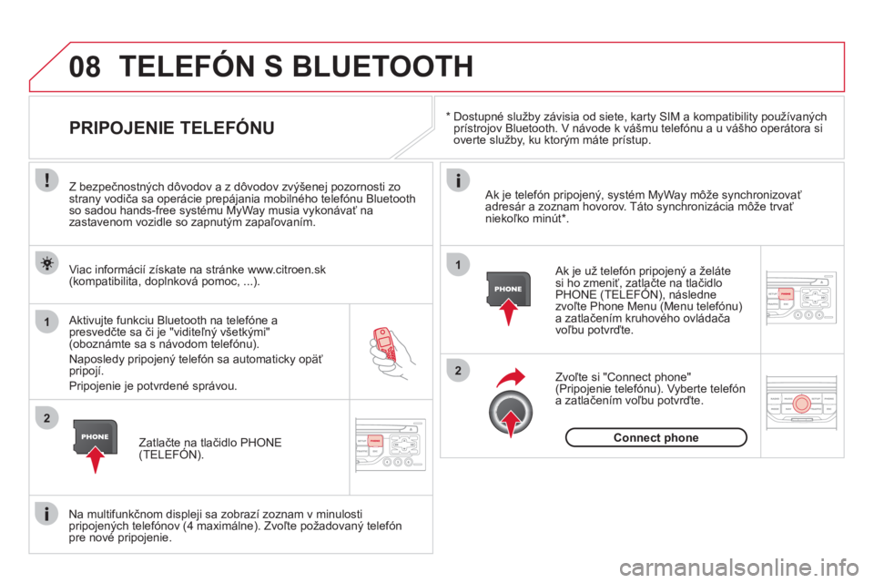 CITROEN DS3 2013  Návod na použitie (in Slovak) 08
1
2
2
1
   * 
 
  Dostupné služby závisia od siete, karty SIM a kompatibility používanýchprístrojov Bluetooth. V návode k vášmu telefónu a u vášho operátora si 
overte služby, ku kto