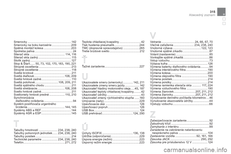 CITROEN DS3 2013  Návod na použitie (in Slovak) 315
Abecedný zoznam
V
Smerovky......................................................142Smerovky na boku karosérie........................209Spätná montáž kolesa..................................