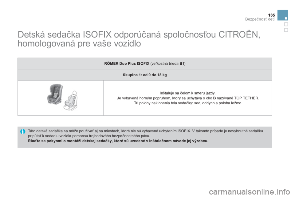 CITROEN DS3 2011  Návod na použitie (in Slovak) Bezpečnosť detí
 
 
 
 
 
 
 
 
 
Detská sedačka ISOFIX odporúčaná spoločnosťou CITROËN, 
homologovaná pre vaše vozidlo 
  Tá t o  d e t s k á  s e d ačka sa môže používať aj na m