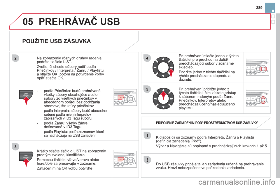 CITROEN DS3 2011  Návod na použitie (in Slovak) 05
42
3
1
5
289
PREHRÁVAČ USB 
 
 
POUŽITIE USB ZÁSUVKA 
 
 
Krátko stlačte tlačidlo LIST na zobrazeniepredtým zvolenej klasiﬁ kácie.
  Pomocou tlačidiel vľavo/vpravo alebo
hore/dole sa p