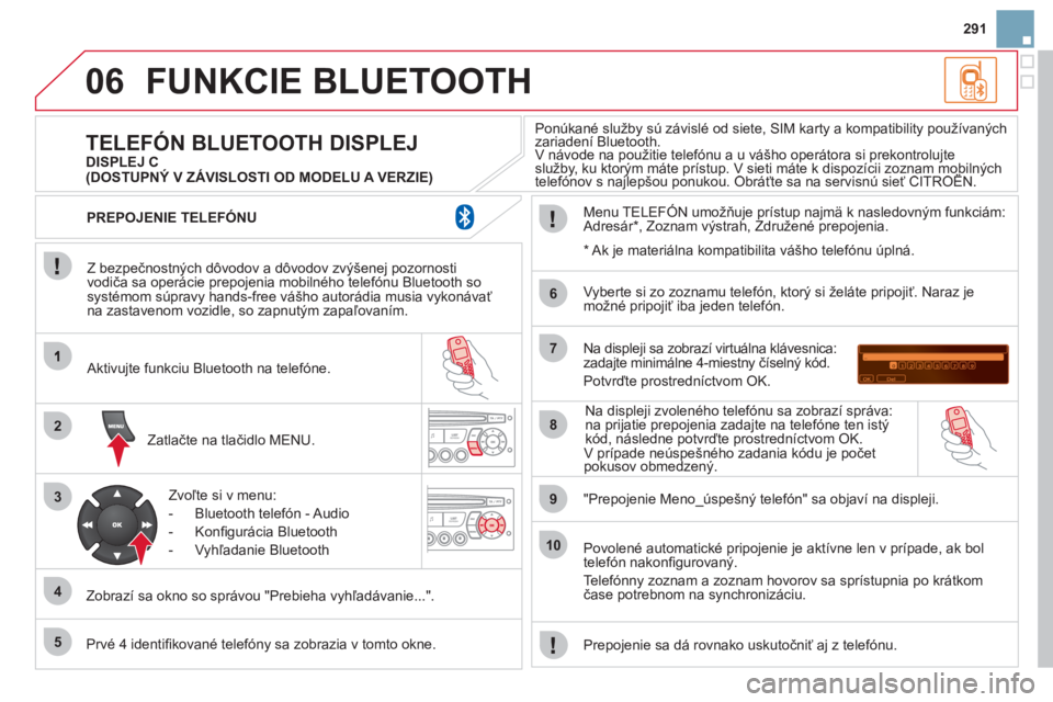 CITROEN DS3 2011  Návod na použitie (in Slovak) 06
2
3
4
5
6
7
8
9
10
291
FUNKCIE BLUETOOTH
   
Z bezpečnostných dôvodov a dôvodov zvýšenej pozornosti
vodiča sa operácie prepojenia mobilného telefónu Bluetooth sosystémom súpravy hands-f