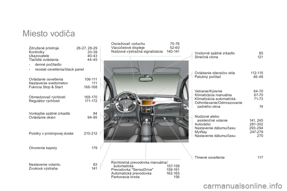 CITROEN DS3 2011  Návod na použitie (in Slovak)   Miesto vodiča  
Združené prístroje   26 -27, 28 -29 
Kontrolky   30 -39 Ukazovatele   40-43Tlačidlá ovládania   44- 45 
-  denné počítadlo
-  reostat osvetlenia/black panel
Ovládanie osve