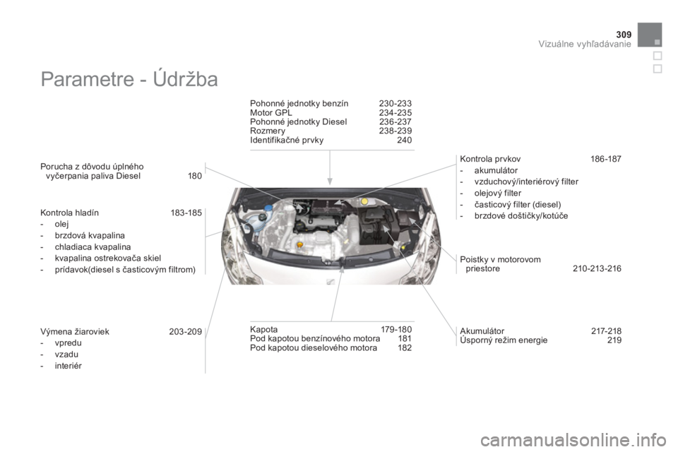 CITROEN DS3 2011  Návod na použitie (in Slovak) 309Vizuálne vyhľadávanie
 
Parametre - Údržba  
 
 
Porucha z dôvodu úplného
vyčerpania paliva Diesel   180  
   
Kontrola hlad
ín   183-18 5
   
 
-  olej 
   
-  brzdová kvapalina
   
-  