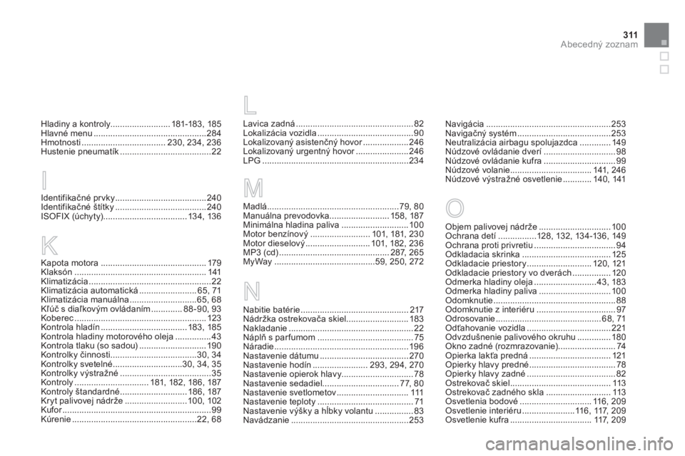 CITROEN DS3 2011  Návod na použitie (in Slovak) 311Abecedný zoznam
Lavica zadná .................................................82Lokalizácia vozidla........................................90Lokalizovaný asistenčný hovor...................r2