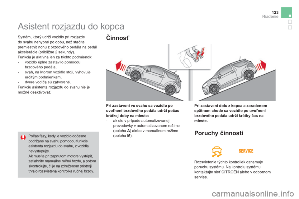 CITROEN DS3 CABRIO 2017  Návod na použitie (in Slovak) 123
DS3_sk_Chap04_conduite_ed02-2015
Asistent rozjazdu do kopca
Systém, ktorý udrží vozidlo pri rozjazde 
do svahu nehybné po dobu, než stačíte 
premiestniť nohu z brzdového pedála na pedá