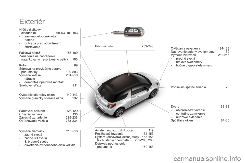 CITROEN DS3 CABRIO 2017 Návod na použitie (in Slovak) DS3_sk_Chap12_index-recherche_ed02-2015
Exteriér
Kľúč s diaľkovým ovládaním 60 - 63, 101-103
-
za
mknutie/odomknutie
-
b
atéria
-
oc
hrana pred odcudzením
-
š
tartovanie Ovládania CITROEN DS3 CABRIO 2017 Návod na použitie (in Slovak) DS3_sk_Chap12_index-recherche_ed02-2015
Exteriér
Kľúč s diaľkovým ovládaním 60 - 63, 101-103
-
za
mknutie/odomknutie
-
b
atéria
-
oc
hrana pred odcudzením
-
š
tartovanie Ovládania