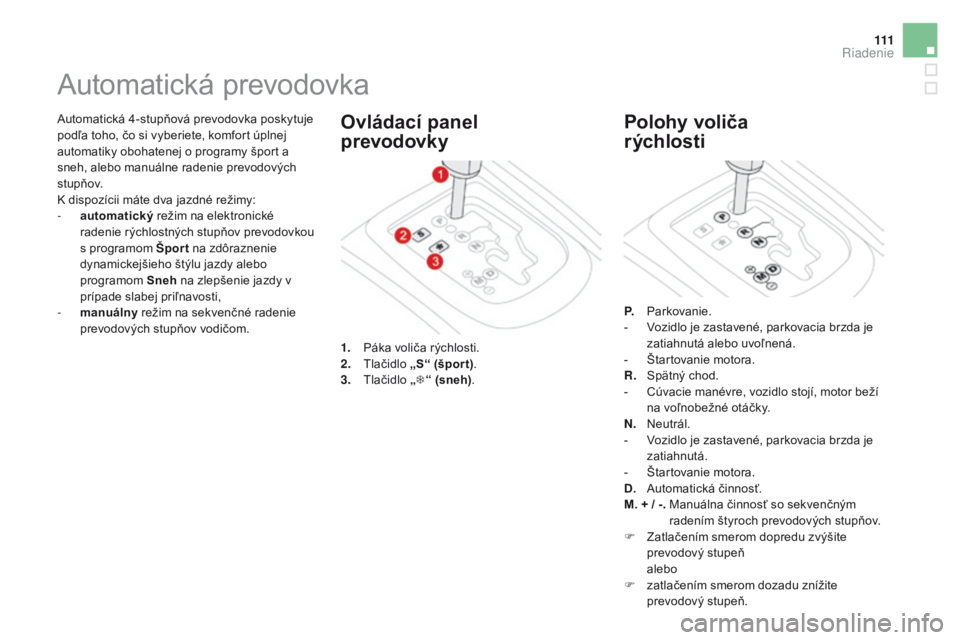 CITROEN DS3 CABRIO 2016  Návod na použitie (in Slovak) 111
DS3_sk_Chap04_conduite_ed01-2015
Automatická 4-stupňová prevodovka poskytuje 
podľa toho, čo si vyberiete, komfort úplnej 
automatiky obohatenej o programy šport a 
sneh, alebo manuálne ra