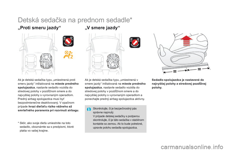 CITROEN DS3 CABRIO 2016  Návod na použitie (in Slovak) DS3_sk_Chap07_securite-enfants_ed01-2015
Detská sedačka na prednom sedadle*
„Proti smeru jazdy“„V smere jazdy“
Sedadlo spolujazdca je nastavené do 
najvyššej polohy a stredovej pozdĺžne