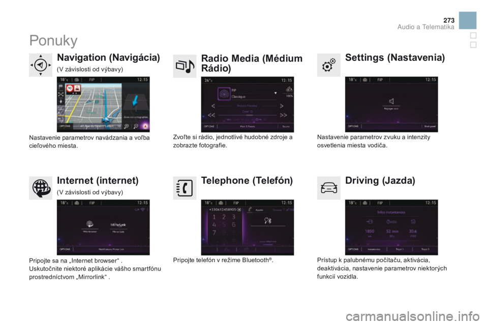 CITROEN DS3 CABRIO 2016  Návod na použitie (in Slovak) 273
DS3_sk_Chap11c_SMEGplus_ed01-2015
Ponuky
Settings (Nastavenia)
Radio Media (Médium 
Rádio)
Navigation (Navigácia)
Driving (
ja
zda)
Internet (internet) Telephone (Telefón)
Nastavenie parametro