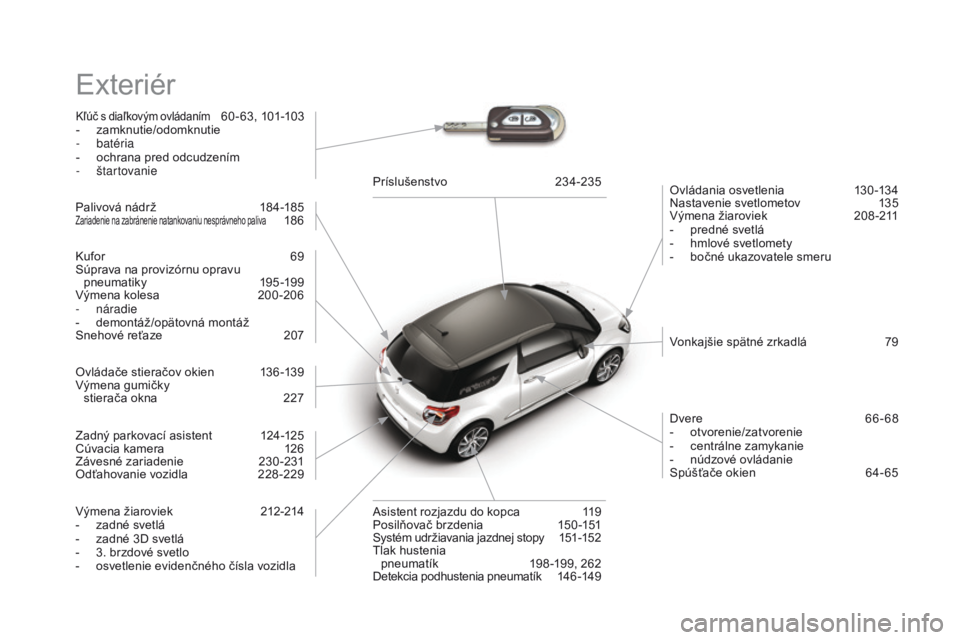 CITROEN DS3 CABRIO 2016 Návod na použitie (in Slovak) DS3_sk_Chap12_index-recherche_ed01-2015
Exteriér
Kľúč s diaľkovým ovládaním 60 - 63, 101-103
- z
amknutie/odomknutie
-
batéria
-
o
chrana pred odcudzením
-
štartovanie Ovládania os CITROEN DS3 CABRIO 2016 Návod na použitie (in Slovak) DS3_sk_Chap12_index-recherche_ed01-2015
Exteriér
Kľúč s diaľkovým ovládaním 60 - 63, 101-103
- z
amknutie/odomknutie
-
batéria
-
o
chrana pred odcudzením
-
štartovanie Ovládania os