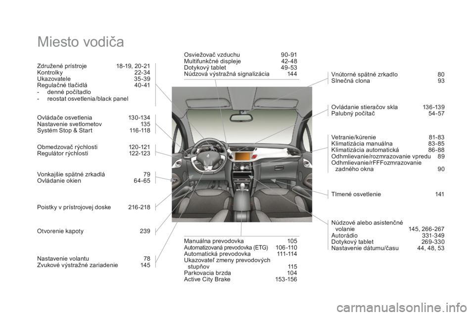 CITROEN DS3 CABRIO 2016 Návod na použitie (in Slovak) DS3_sk_Chap12_index-recherche_ed01-2015
Miesto vodiča
Združené prístroje 18 -19, 20 -21
Kontrolky 2 2-34
Ukazovatele
3
5 -39
Regulačné tlačidlá
4
0 - 41
-
d
enné počítadlo
-
r
eo CITROEN DS3 CABRIO 2016 Návod na použitie (in Slovak) DS3_sk_Chap12_index-recherche_ed01-2015
Miesto vodiča
Združené prístroje 18 -19, 20 -21
Kontrolky 2 2-34
Ukazovatele
3
5 -39
Regulačné tlačidlá
4
0 - 41
-
d
enné počítadlo
-
r
eo