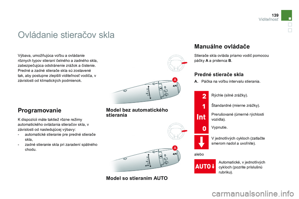 CITROEN DS3 CABRIO 2015  Návod na použitie (in Slovak) 139
DS3_sk_Chap07_visibilite_ed01-2014
výbava, umožňujúca voľbu a ovládanie 
rôznych typov stieraní čelného a zadného skla, 
zabezpečujúca odstránenie zrážok a čistenie.
Predné a zad