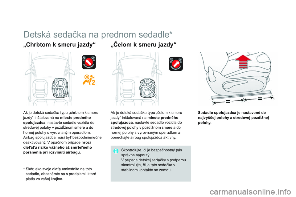 CITROEN DS3 CABRIO 2015 Návod na použitie (in Slovak) DS3_sk_Chap09_securite-enfants_ed01-2014
Detská sedačka na prednom sedadle*
„Chrbtom k smeru jazdy“ „Čelom k smeru jazdy“
Sedadlo spolujazdca je nastavené do
najvyššej polohy a stredove CITROEN DS3 CABRIO 2015 Návod na použitie (in Slovak) DS3_sk_Chap09_securite-enfants_ed01-2014
Detská sedačka na prednom sedadle*
„Chrbtom k smeru jazdy“ „Čelom k smeru jazdy“
Sedadlo spolujazdca je nastavené do
najvyššej polohy a stredove