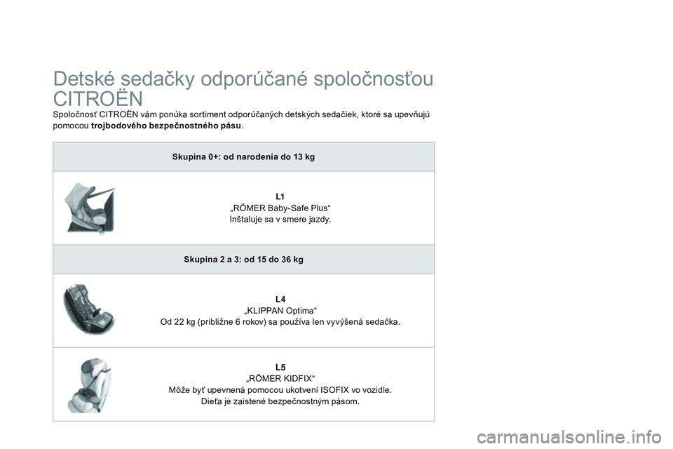CITROEN DS3 CABRIO 2015 Návod na použitie (in Slovak) DS3_sk_Chap09_securite-enfants_ed01-2014
Detské sedačky odporúčané spoločnosťou
CItr
O
ËN
Spoločnosť CIt rO ËN vám ponúka sortiment odporúčaných detských sedačiek, ktoré sa upevň CITROEN DS3 CABRIO 2015 Návod na použitie (in Slovak) DS3_sk_Chap09_securite-enfants_ed01-2014
Detské sedačky odporúčané spoločnosťou
CItr
O
ËN
Spoločnosť CIt rO ËN vám ponúka sortiment odporúčaných detských sedačiek, ktoré sa upevň
