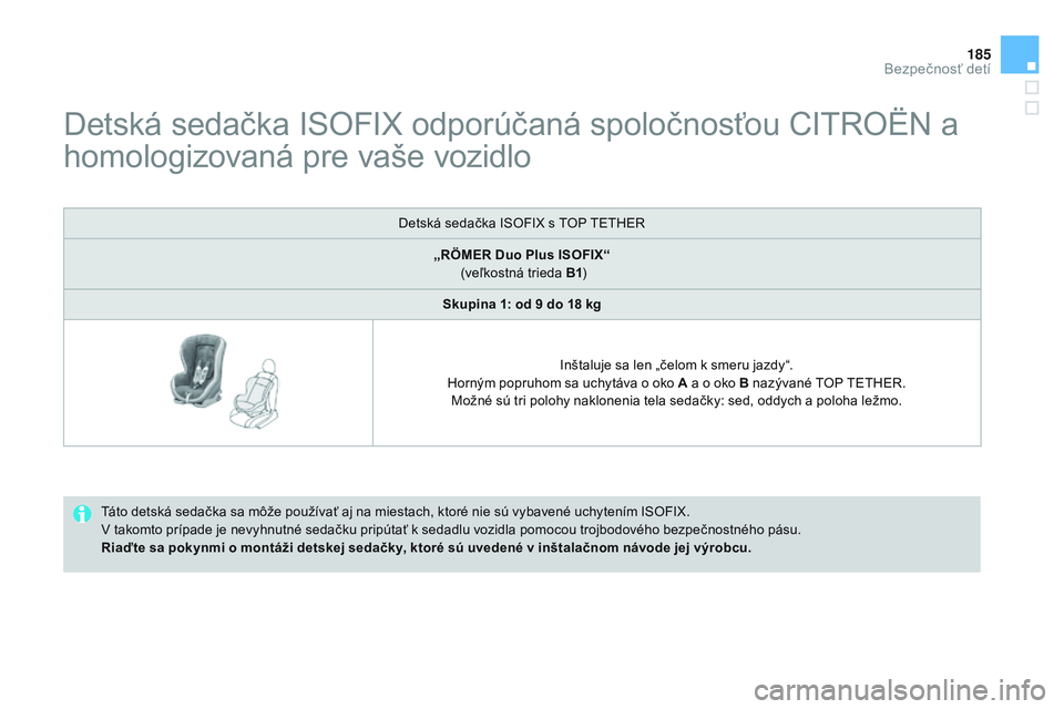 CITROEN DS3 CABRIO 2015 Návod na použitie (in Slovak) 185
DS3_sk_Chap09_securite-enfants_ed01-2014
Detská sedačka ISOFIX odporúčaná spoločnosťou CItrO ËN a
homologizovaná pre vaše vozidlo
táto detská sedačka sa môže používať aj na mies CITROEN DS3 CABRIO 2015 Návod na použitie (in Slovak) 185
DS3_sk_Chap09_securite-enfants_ed01-2014
Detská sedačka ISOFIX odporúčaná spoločnosťou CItrO ËN a
homologizovaná pre vaše vozidlo
táto detská sedačka sa môže používať aj na mies