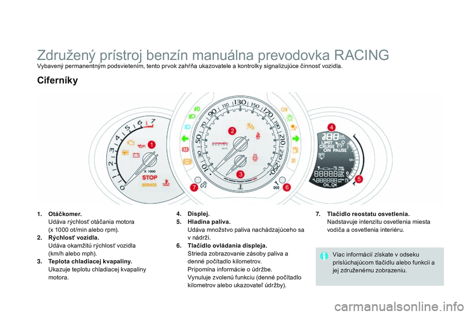 CITROEN DS3 CABRIO 2015  Návod na použitie (in Slovak) DS3_sk_Chap01_controle-de-marche_ed01-2014
Združený prístroj benzín manuálna prevodovka raCINGvybavený permanentným podsvietením, tento prvok zahŕňa ukazovatele a kontrolky signalizujúce č
