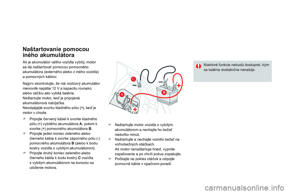 CITROEN DS3 CABRIO 2015 Návod na použitie (in Slovak) DS3_sk_Chap10_info-pratiques_ed01-2014
ak je akumulátor vášho vozidla vybitý, motor
sa dá naštartovať pomocou pomocného
akumulátora (externého alebo z iného vozidla)
a pomocných káblov CITROEN DS3 CABRIO 2015 Návod na použitie (in Slovak) DS3_sk_Chap10_info-pratiques_ed01-2014
ak je akumulátor vášho vozidla vybitý, motor
sa dá naštartovať pomocou pomocného
akumulátora (externého alebo z iného vozidla)
a pomocných káblov