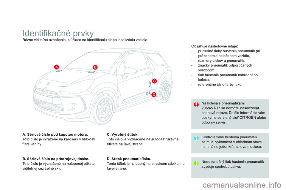 CITROEN DS3 CABRIO 2015 Návod na použitie (in Slovak) DS3_sk_Chap12_caracteristiques_ed01-2014
Identifikačné prvkyrôzne viditeľné označenia, slúžiace na identifikáciu alebo lokalizáciu vozidla.
A. Sériové číslo pod kapotou motora.
to
to č CITROEN DS3 CABRIO 2015 Návod na použitie (in Slovak) DS3_sk_Chap12_caracteristiques_ed01-2014
Identifikačné prvkyrôzne viditeľné označenia, slúžiace na identifikáciu alebo lokalizáciu vozidla.
A. Sériové číslo pod kapotou motora.
to
to č