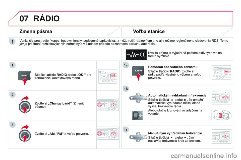 CITROEN DS3 CABRIO 2015 Návod na použitie (in Slovak) 07
DS3_sk_Chap13b_rt6-2-8_ed01-2014
Pomocou abecedného zoznamu
Stlačte tlačidlo RADIO, zvoľte si
rádio podľa vlastného výberu a voľbu
potvrďte.
Automatickým vyhľadaním frekvencie
Stlač CITROEN DS3 CABRIO 2015 Návod na použitie (in Slovak) 07
DS3_sk_Chap13b_rt6-2-8_ed01-2014
Pomocou abecedného zoznamu
Stlačte tlačidlo RADIO, zvoľte si
rádio podľa vlastného výberu a voľbu
potvrďte.
Automatickým vyhľadaním frekvencie
Stlač