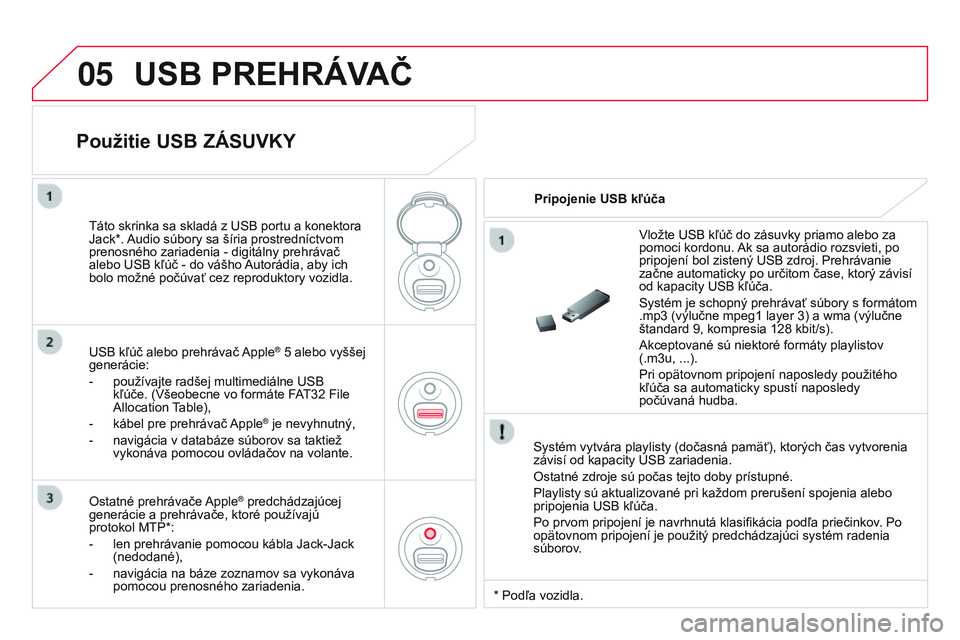 CITROEN DS3 CABRIO 2015 Návod na použitie (in Slovak) 05
DS3_sk_Chap13c_RD45_ed01_2014
USB PREHRÁVAČ
Systém vytvára playlisty (dočasná pamäť), ktorých čas vytvorenia
závisí od kapacity u SB zariadenia.
Ostatné zdroje sú počas tejto doby p CITROEN DS3 CABRIO 2015 Návod na použitie (in Slovak) 05
DS3_sk_Chap13c_RD45_ed01_2014
USB PREHRÁVAČ
Systém vytvára playlisty (dočasná pamäť), ktorých čas vytvorenia
závisí od kapacity u SB zariadenia.
Ostatné zdroje sú počas tejto doby p