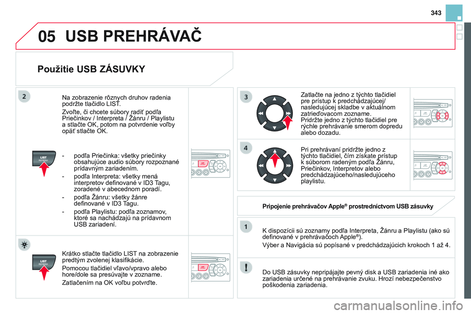 CITROEN DS3 CABRIO 2015 Návod na použitie (in Slovak) 05
343
DS3_sk_Chap13c_RD45_ed01_2014
Použitie USB ZÁSUVKY
krátko stlačte tlačidlo LISt na zobrazenie
predtým zvolenej klasifikácie.
Pomocou tlačidiel vľavo/vpravo alebo
hore/dole sa presúv CITROEN DS3 CABRIO 2015 Návod na použitie (in Slovak) 05
343
DS3_sk_Chap13c_RD45_ed01_2014
Použitie USB ZÁSUVKY
krátko stlačte tlačidlo LISt na zobrazenie
predtým zvolenej klasifikácie.
Pomocou tlačidiel vľavo/vpravo alebo
hore/dole sa presúv