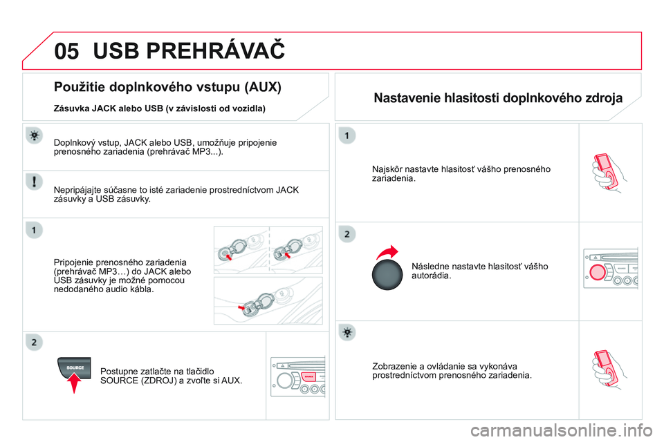 CITROEN DS3 CABRIO 2015 Návod na použitie (in Slovak) 05
DS3_sk_Chap13c_RD45_ed01_2014
Zobrazenie a ovládanie sa vykonáva
prostredníctvom prenosného zariadenia.
Najskôr nastavte hlasitosť vášho prenosného
zariadenia.
Následne nastavte hlasito CITROEN DS3 CABRIO 2015 Návod na použitie (in Slovak) 05
DS3_sk_Chap13c_RD45_ed01_2014
Zobrazenie a ovládanie sa vykonáva
prostredníctvom prenosného zariadenia.
Najskôr nastavte hlasitosť vášho prenosného
zariadenia.
Následne nastavte hlasito