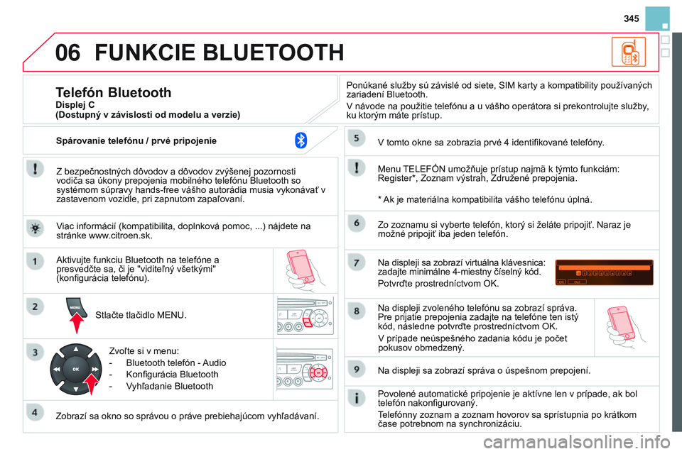 CITROEN DS3 CABRIO 2015 Návod na použitie (in Slovak) 06
345
DS3_sk_Chap13c_RD45_ed01_2014
FUNKCIE BLUETOOTH
Z bezpečnostných dôvodov a dôvodov zvýšenej pozornosti
vodiča sa úkony prepojenia mobilného telefónu Bluetooth so
systémom súpravy CITROEN DS3 CABRIO 2015 Návod na použitie (in Slovak) 06
345
DS3_sk_Chap13c_RD45_ed01_2014
FUNKCIE BLUETOOTH
Z bezpečnostných dôvodov a dôvodov zvýšenej pozornosti
vodiča sa úkony prepojenia mobilného telefónu Bluetooth so
systémom súpravy