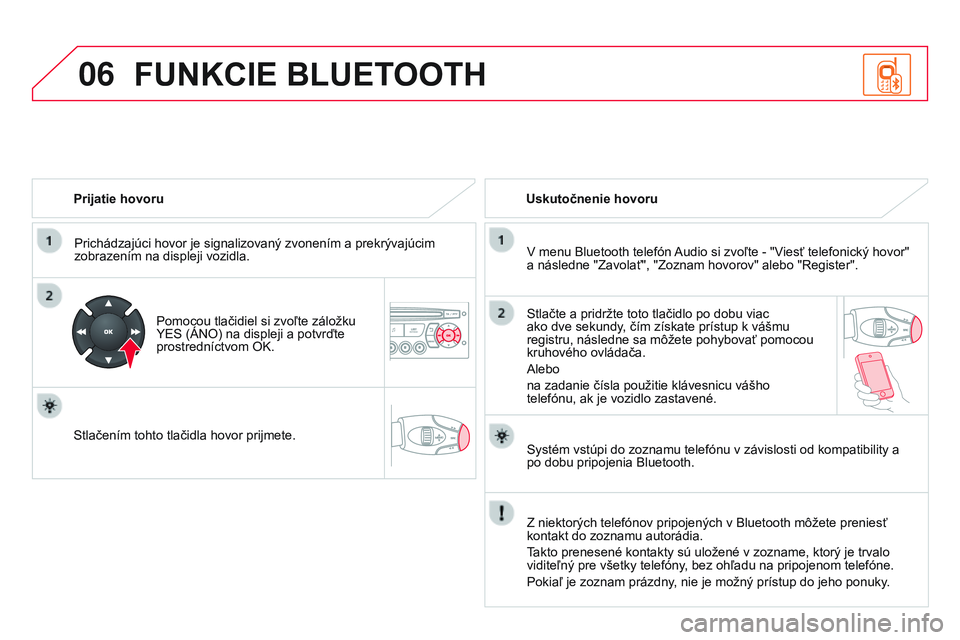 CITROEN DS3 CABRIO 2015 Návod na použitie (in Slovak) 06
DS3_sk_Chap13c_RD45_ed01_2014
Prijatie hovoruPrichádzajúci hovor je signalizovaný zvonením a prekrývajúcim
zobrazením na displeji vozidla.
Pomocou tlačidiel si zvoľte záložku
Y
e S (Á CITROEN DS3 CABRIO 2015 Návod na použitie (in Slovak) 06
DS3_sk_Chap13c_RD45_ed01_2014
Prijatie hovoruPrichádzajúci hovor je signalizovaný zvonením a prekrývajúcim
zobrazením na displeji vozidla.
Pomocou tlačidiel si zvoľte záložku
Y
e S (Á