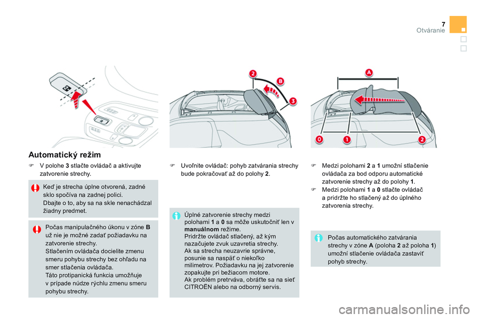 CITROEN DS3 CABRIO 2015  Návod na použitie (in Slovak) 7Otváranie
   
Automatický režim 
 
 
 
�) 
  V polohe  3  
stlačte ovládač a aktivujte 
zatvorenie strechy. 
   
Keď je strecha úplne otvorená, zadné 
sklo spočíva na zadnej polici. 
  Db