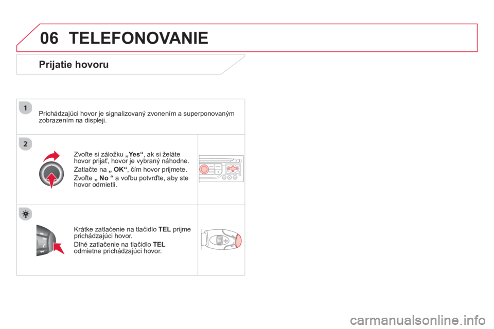 CITROEN DS3 CABRIO 2014  Návod na použitie (in Slovak) 06TELEFONOVANIE 
   
Prijatie hovoru
 
 
Prichádzajúci hovor je signalizovaný zvonením a superponovaným
zobrazením na displeji.
Zv
oľte si záložku  „Yes“ 
, ak si želáte hovor prijať, 