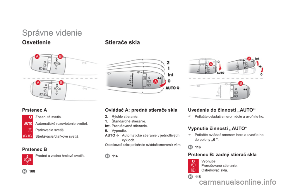 CITROEN DS3 CABRIO 2013  Návod na použitie (in Slovak)   Správne videnie 
Osvetlenie
Prstenec A
Prstenec B
 
 
Stierače skla
108
 
 
Ovládač A: predné stierače skla 
2. 
Rýchle stieranie. 
1.Štandardné stieranie. 
Int.Prerušované stieranie.
0. 