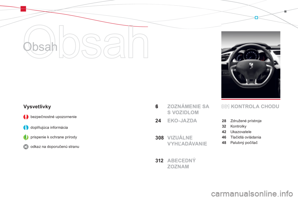 CITROEN DS3 CABRIO 2013  Návod na použitie (in Slovak)   Obsah 
   
Obsah  
  ZOZNÁMENIE SA 
S VOZIDLOMKONTROL A CHODU
28 Združené prístroje
32 Kontrolky
42 Ukazovatele
46 Tlačidl