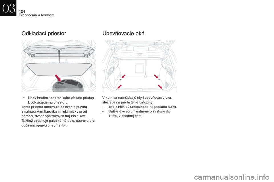 CITROEN DS4 2017  Návod na použitie (in Slovak) 124
DS4_sk_Chap03_ergonomie-et-confort_ed01-2016
Odkladací priestor
F Nadvihnutím koberca kufra získate prístup k odkladaciemu priestoru.
Tento priestor umožňuje odloženie puzdra 
s náhradným